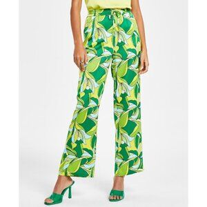 Bar III Women's XL Floral-Print Bright Green High-Rise Pull-On Satin Pants NWT